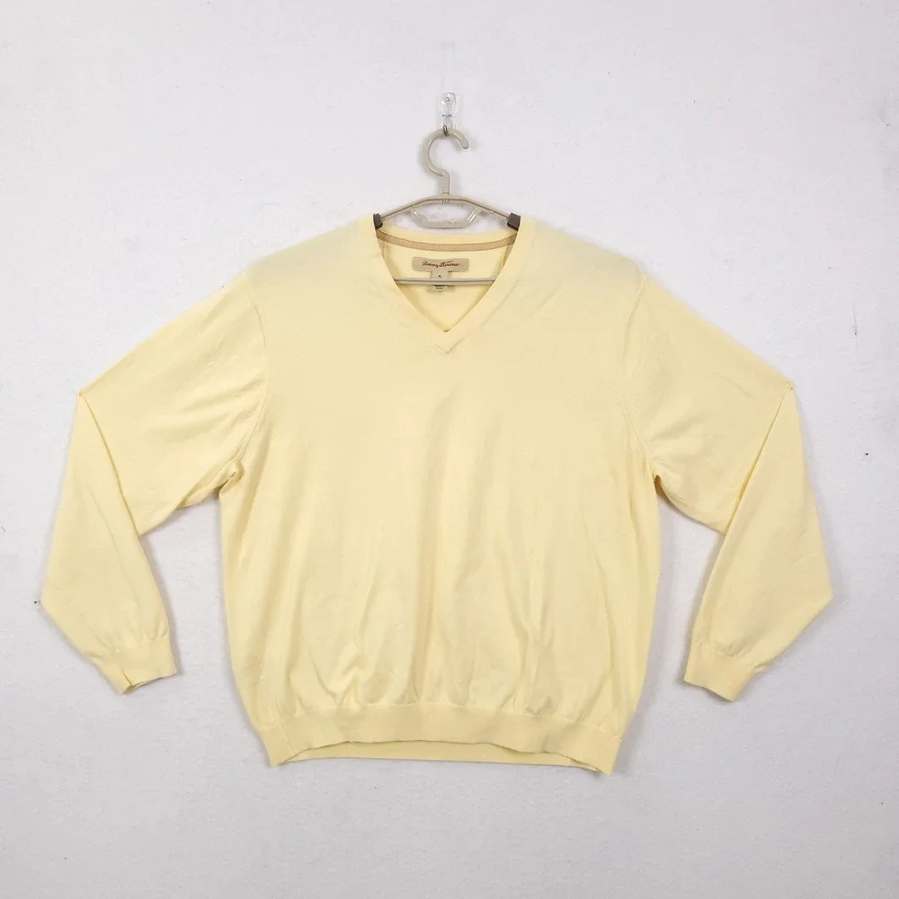 Tommy Bahama Knit Sweater XL Yellow Supima Cotton Blend V-Neck Pullover Preppy